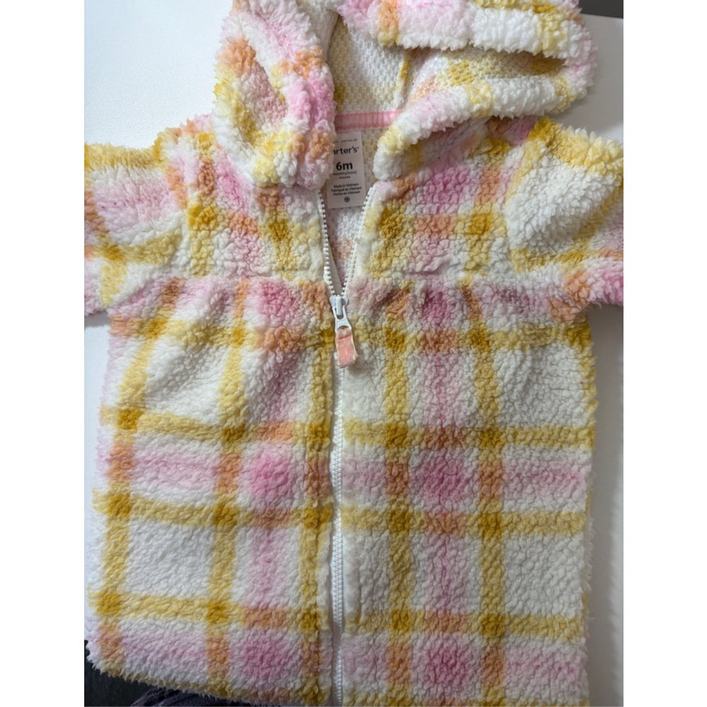 Carter’s Baby Sherpa Fleece Snowsuit White Pink Yellow Plaid Hooded Size 6M